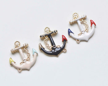 Half White/Black/Pink Enamel Gold Anchor Connector Charms Set of 5