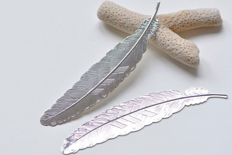 6 pcs of Shiny Silver Color Brass Feather Huge Size 24x110mm