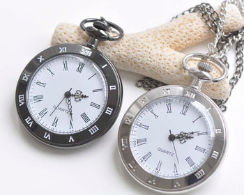 Black/Platinum Large Flat Round Pocket Watch Necklace Set of 1