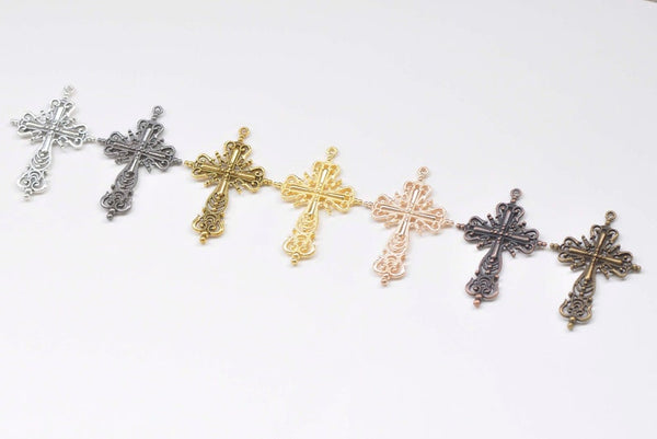 10 pcs Antique Bronze/Copper/Silver/Black/Gold Filigree Cross Pendants Charms 42x63mm