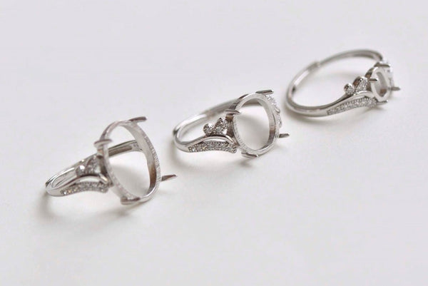 Rhodium Plated 925 Solid Sterling Silver Oval Bezel Rhinestone Adjustable Ring Blanks