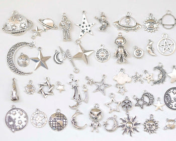 Antique Silver Galaxy Star Moon Sun Universe Themed Charms Mixed Styles Set of 50