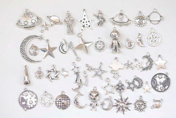 Antique Silver Galaxy Star Moon Sun Universe Themed Charms Mixed Styles Set of 50