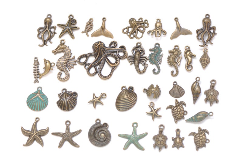 Antique Bronze Ocean Themed Charms Mixed Styles Set of 56  A2213