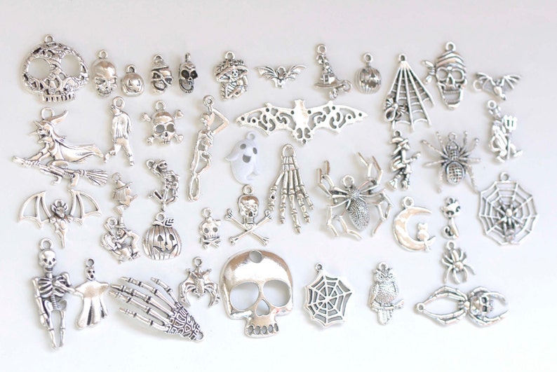 Antique Silver Halloween Themed Ghost Skull Charms Mixed Style Set of 43