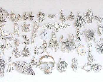 Antique Silver Halloween Themed Ghost Skull Charms Mixed Style Set of 43