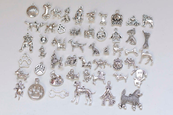 Antique Silver Dog Pet Themed Charms Mixed Styles Set of 50