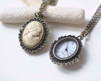 1 PC Oval Resin Lady/Flower Cameo Pocket Watch Necklace