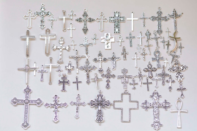 Antique Silver Cross Ankh Religious Charms Mixed Styles Set of 70