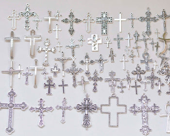 Antique Silver Cross Ankh Religious Charms Mixed Styles Set of 70