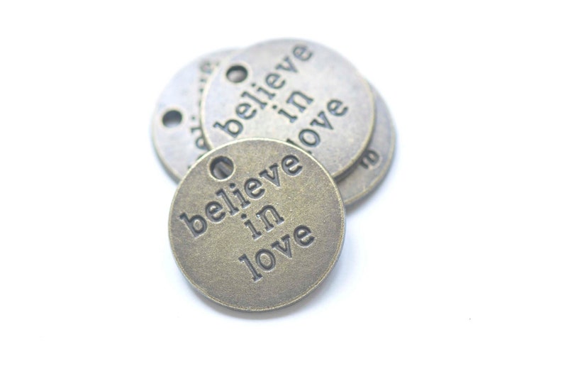 Antique Bronze Believe In Love Round Charms 20mm Set of 10