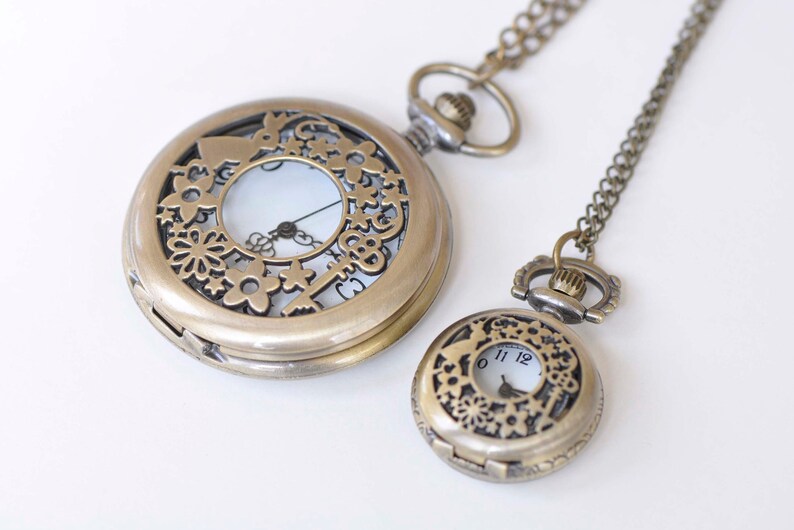 Antique Bronze Filigree Pocket Watch Necklace Set of 1