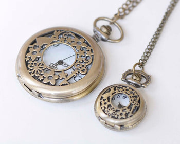 Antique Bronze Filigree Pocket Watch Necklace Set of 1