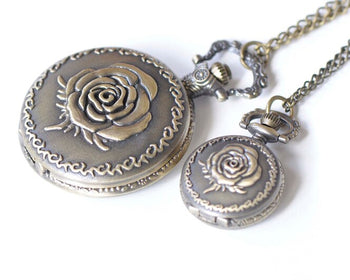 Antique Bronze Rose Flower Small Pocket Watch Necklace 27mm/47mm