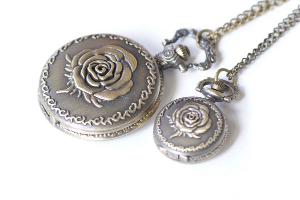 Antique Bronze Rose Flower Small Pocket Watch Necklace 27mm/47mm