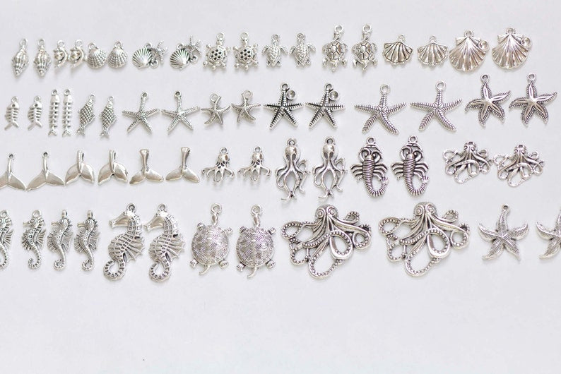 Antique Silver Ocean Themed Charms Sea Star Horse Octopus Mixed Styles Set of 60 A5647