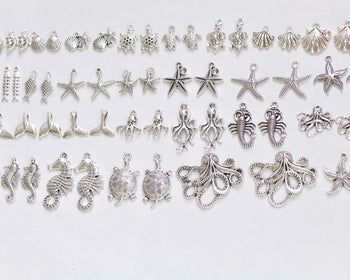 Antique Silver Ocean Themed Charms Sea Star Horse Octopus Mixed Styles Set of 60 A5647