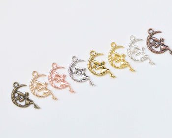 20 pcs Fairy Angel On Crescent Moon Charms Pendants 13x24mm Various Colors