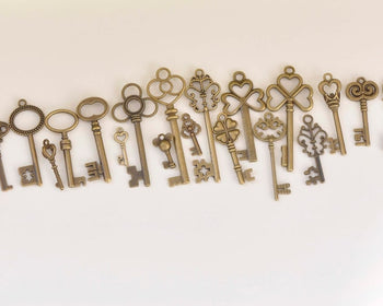 Antique Bronze Skeleton Key Charms Pendants Collection Mixed Style Set of 19  A6671