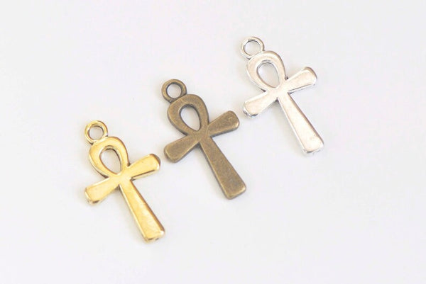 Antique Bronze/Silver/Gold Egyptian Ankh Cross Charms 13x22mm Set of 10