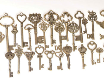 Antique Bronze Skeleton Key Charms Pendants Collection Mixed Style Set of 26