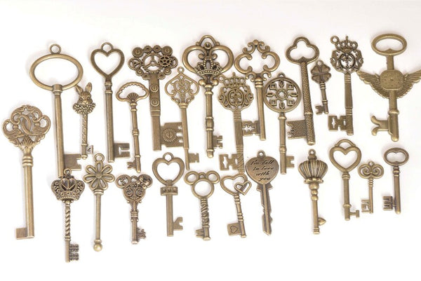 Antique Bronze Skeleton Key Charms Pendants Collection Mixed Style Set of 26