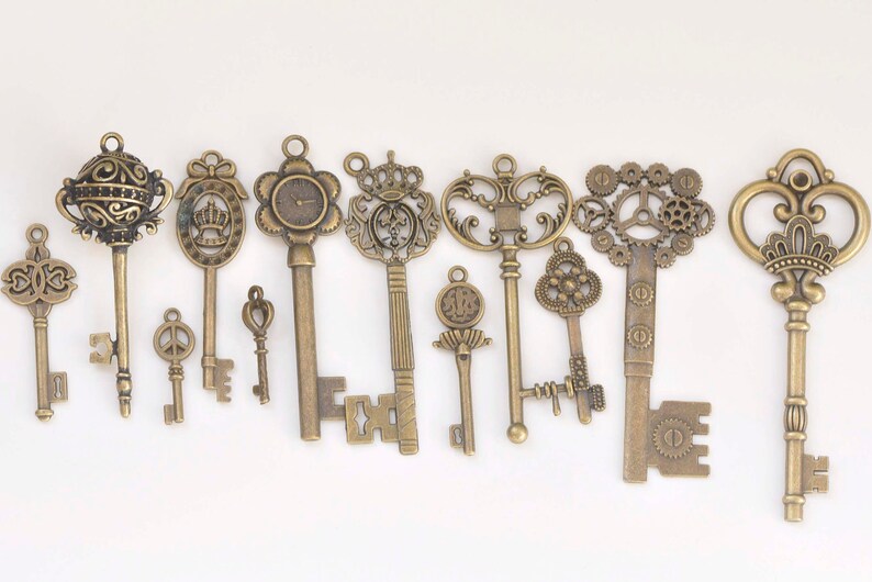 Antique Bronze Skeleton Key Charms Pendants Collection Mixed Style Set of 12 A3087