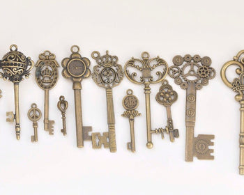 Antique Bronze Skeleton Key Charms Pendants Collection Mixed Style Set of 12 A3087