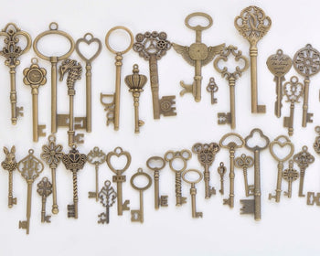Antique Bronze Skeleton Key Charms Pendants Collection Mixed Style Set of 38