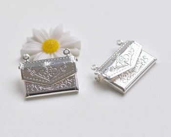 10 pcs Shiny Silver Brass Flower Purse Wallet Shaped Photo Locket Charms 15x20mm