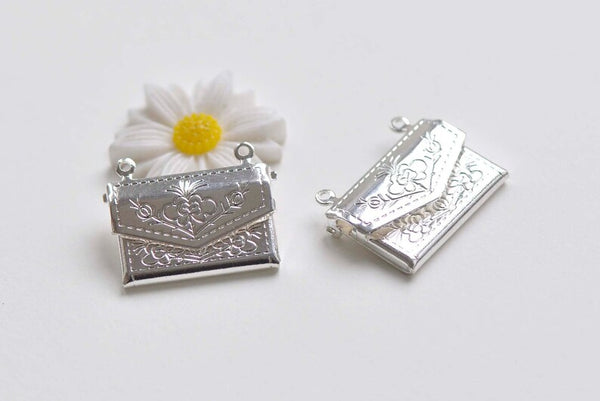 10 pcs Shiny Silver Brass Flower Purse Wallet Shaped Photo Locket Charms 15x20mm
