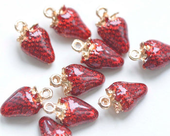 Light Gold Enamel Strawberry Red Pendants Charms 9x12mm Set of 10 A916