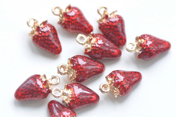 Light Gold Enamel Strawberry Red Pendants Charms 9x12mm Set of 10 A916