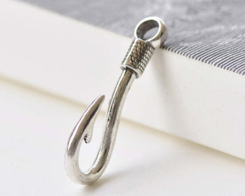 Antique Silver Large Hole Fish Hook Charms Pendants  Set of 10 A8550