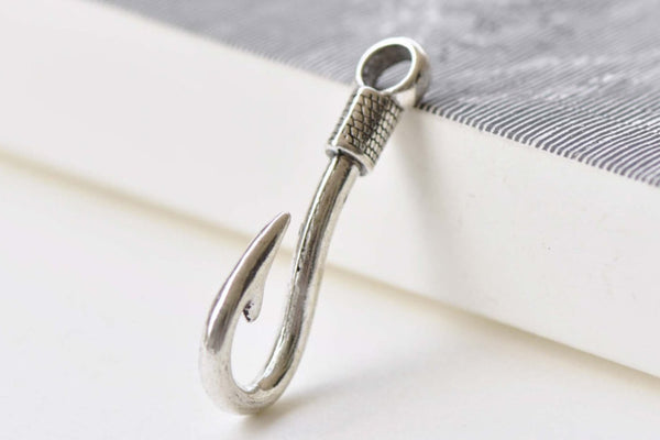 Antique Silver Large Hole Fish Hook Charms Pendants  Set of 10 A8550