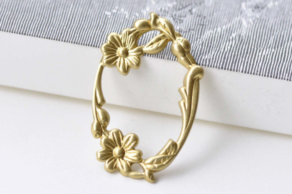 10 pcs Raw Brass Oval Flower Ring Embellishments 28x45mm A8555