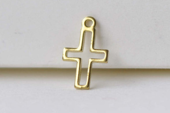 30 pcs Raw Brass Outlined Tiny Cross Charms Embellishments A8588