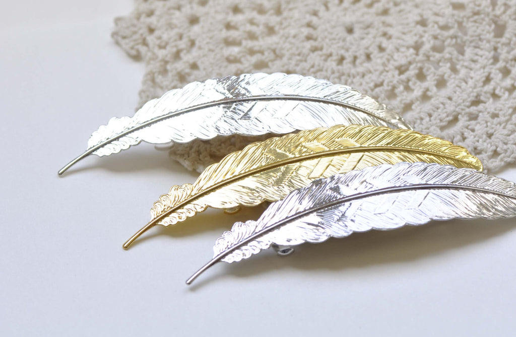 2 pcs Silver/Gold/Platinum Feather Hair Clip Large French Barrette