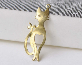 20 pcs Raw Brass Unplated Feline Cat Charms 10x30mm A8571