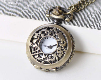 1 PC Antique Bronze Bird On Twig Pocket Watch Necklace A8771