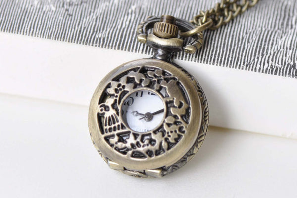 1 PC Antique Bronze Bird On Twig Pocket Watch Necklace A8771