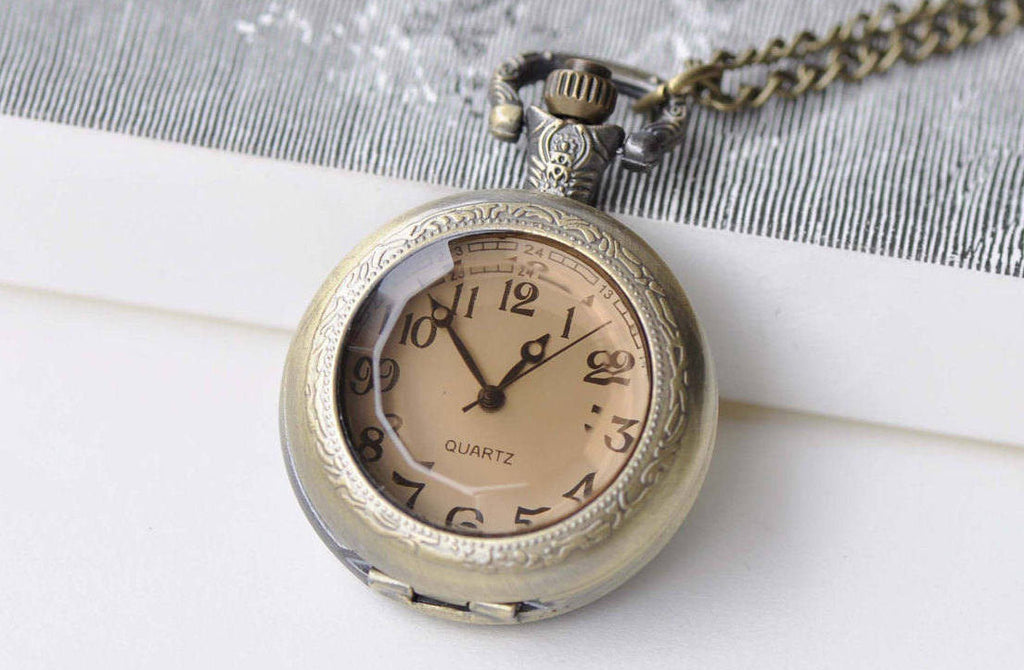 Pocket Watch - 1 PC Antique Bronze Faceted Glass Cover Pocket Watch Necklace A8636