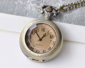 Pocket Watch - 1 PC Antique Bronze Faceted Glass Cover Pocket Watch Necklace A8636