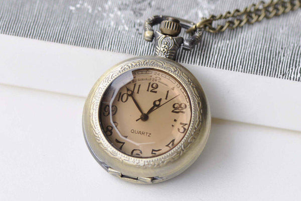 Pocket Watch - 1 PC Antique Bronze Faceted Glass Cover Pocket Watch Necklace A8636