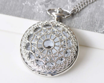 1 PC Platinum Filigree Pocket Watch Necklace Size 47mm A8791