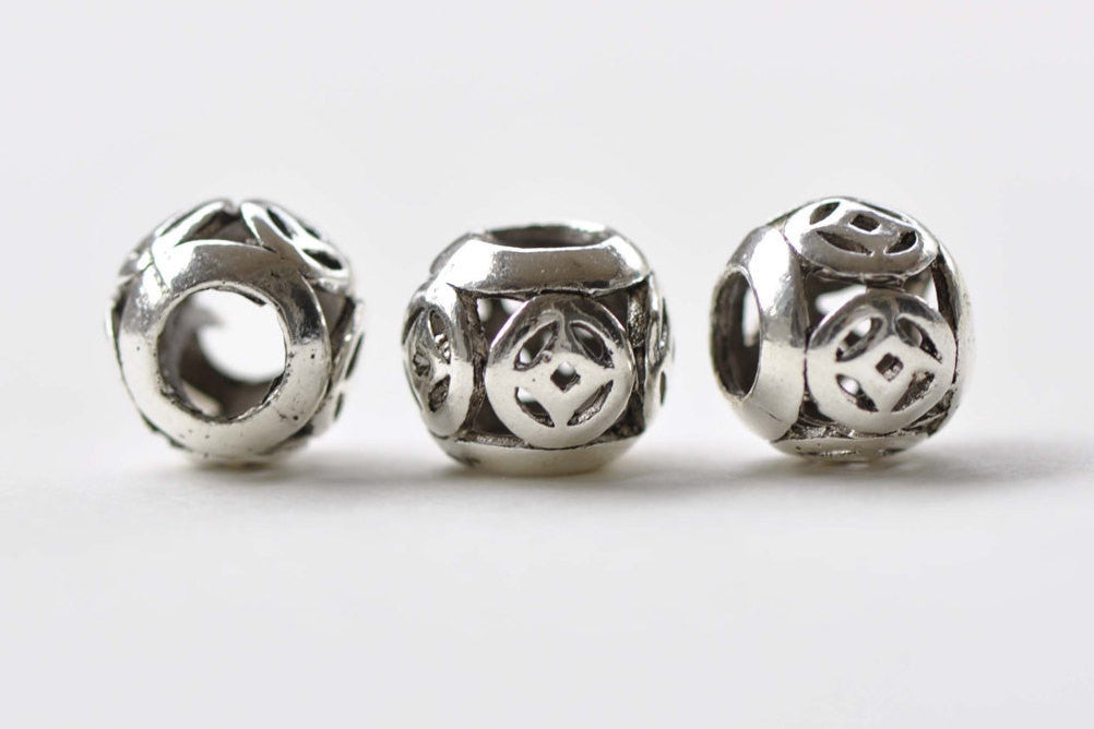 10 pcs Chinese Coin Beads Antique Silver Large Hole Spacer Beads A136