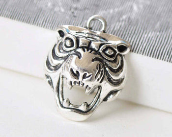 Antique Silver 3D Tiger Head Skull Charm Pendants Set of 10 A8805