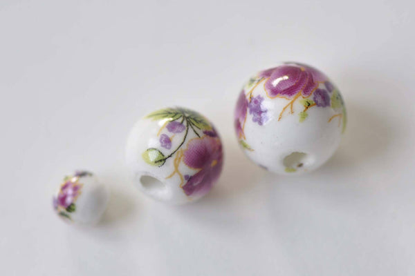 20 pcs Hand Painted Pinkish Purple Flower Chinese Ceramic Beads 6mm to 18mm