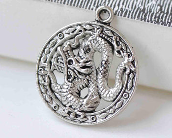 10 pcs Antique Silver Dragon Ring Round Charms 23mm A8908