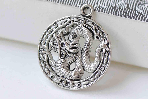 10 pcs Antique Silver Dragon Ring Round Charms 23mm A8908